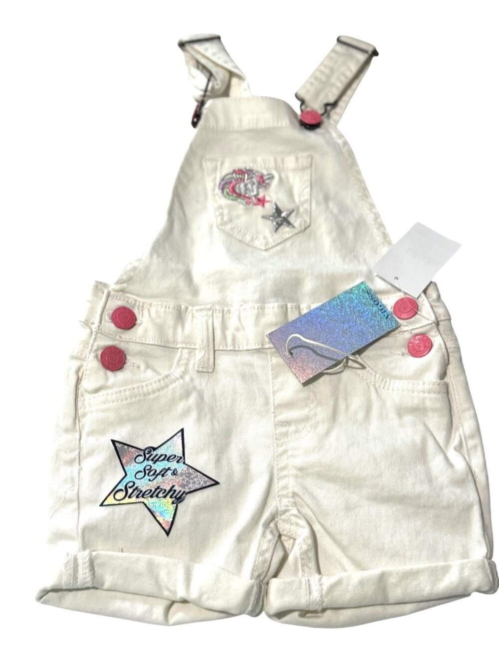 Vigoss Toddler Girls White Stretchy Overalls Size 2T With Pink Buttons & Star Pa
